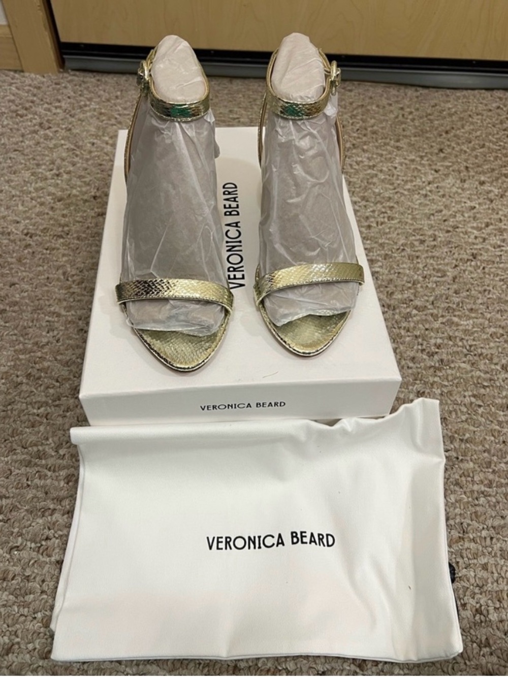 Veronica Beard Metallic Gold Snakeskin-Texture Ankle Strap Sandals